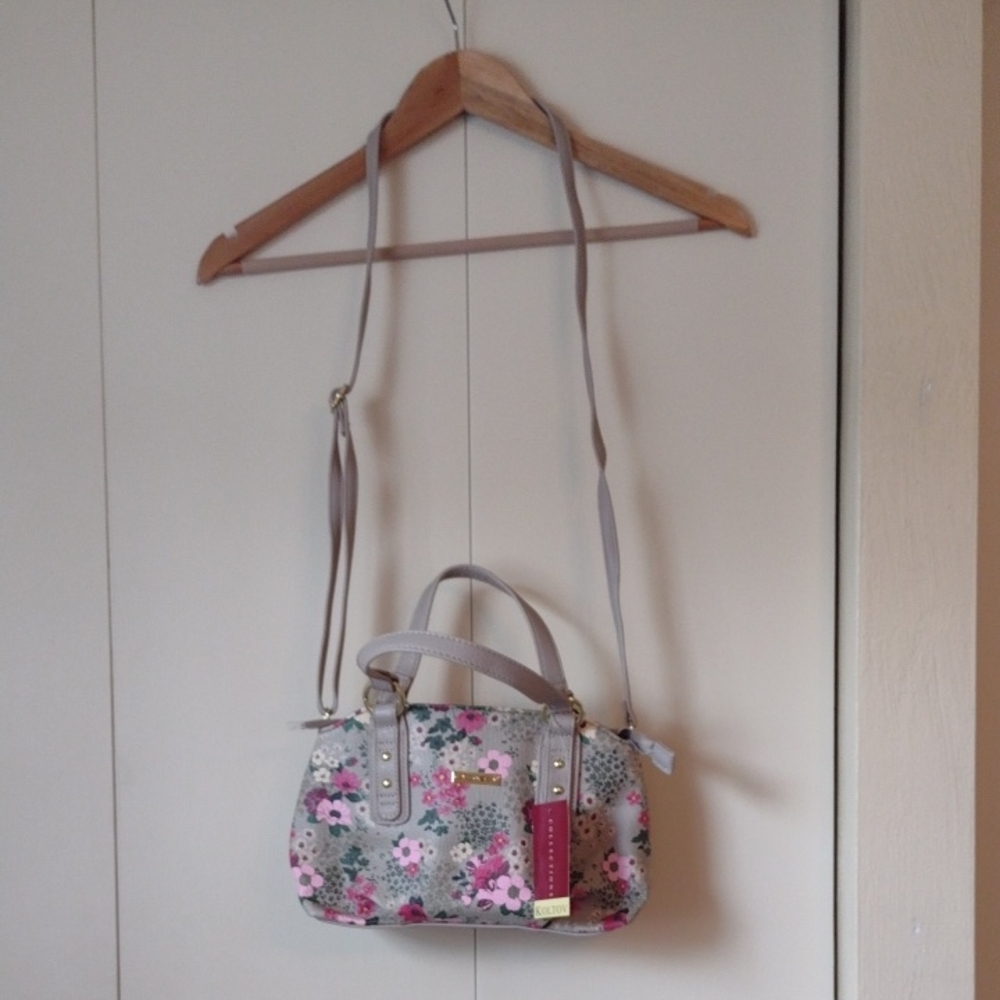 Gray and Pink Floral Satchel with Structured Design